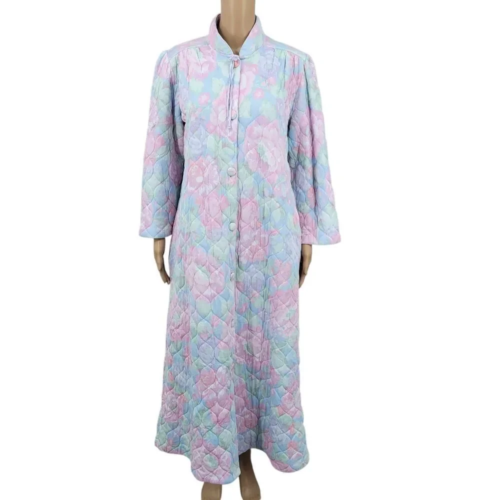 Miss Elaine Vintage Button Down Floral Quilted Robe Pastel